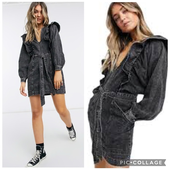 Free People Imogene Black Washed Denim Ruffled Mini Dress Size Medium - Picture 3 of 14